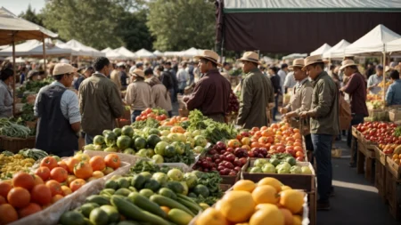 customers line up at a bustling outdoor farmers market, keenly selecting from an array of vibrant, fresh produce displayed under the roundhouse provisions banner.