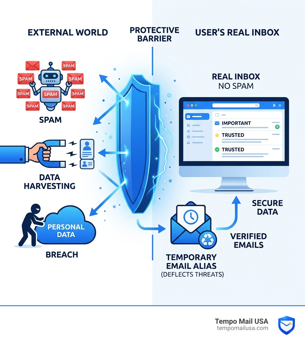 Infographic showing how temporary email protects your real inbox from spam and data breaches - tempomailusa reviews