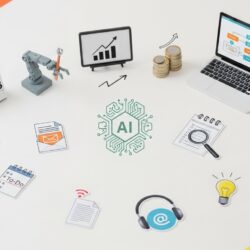 Featured illustration: AI automating workplace tasks, robot assisting an office worker at a laptop