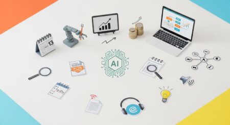 Featured illustration: AI automating workplace tasks, robot assisting an office worker at a laptop