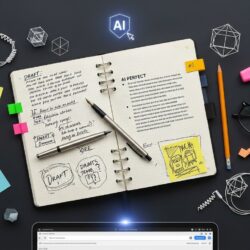 Concept illustration of AI writing assistants helping a person edit text on a laptop (Technology & Future of Work)