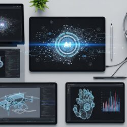 Illustration of AI-driven future of work: professionals collaborating with robots and data interfaces