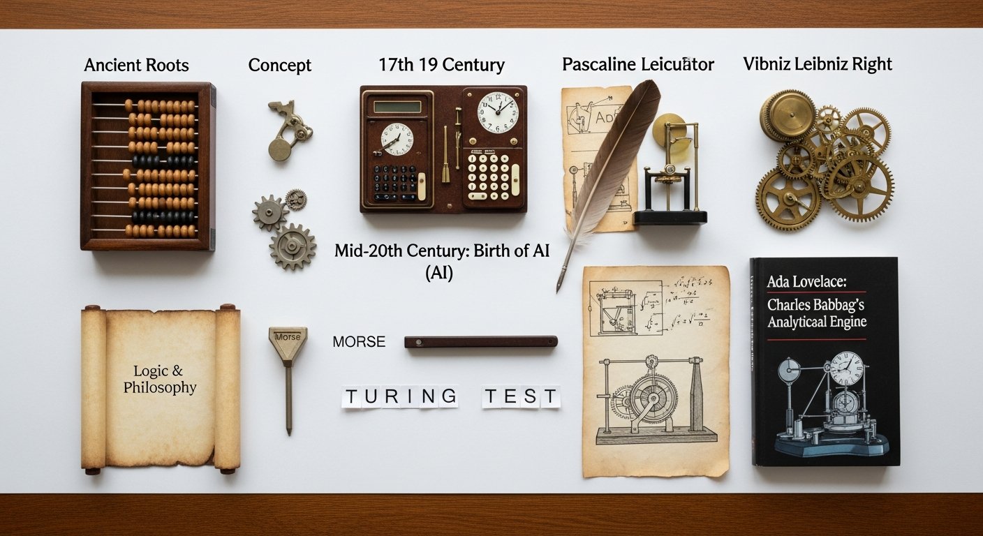 Illustration of the history of artificial intelligence and its impact on technology and the future of work