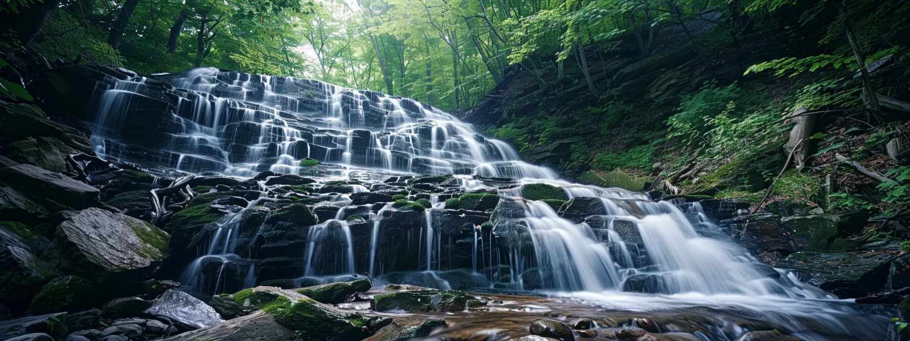 a stunning custom waterfall cascades down rocky terrain, enhancing the natural beauty of the landscape.
